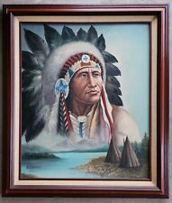 Vintage Original Painting Native American Indian Warrior Tribal Chief Portrait picture