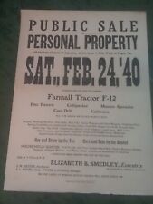 Vintage 1940 Public Sale Personal Property Poster Farm Equipment picture