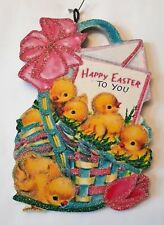 COLORFUL BASKET of YELLOW CHICKS  * Glitter EASTER ORNAMENT * Vtg Img picture
