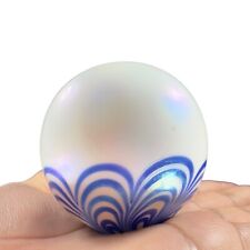 Vintage Art Glass Paperweight Round Orb White Iridescent With Blue Swirls Lines picture