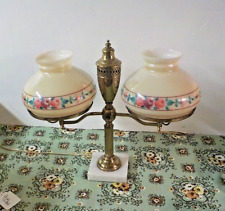 EARLY BRASS STUDENT LAMP DOUBLE FLOWER  GLASS SHADES HURRICANES FONT 20th C. picture