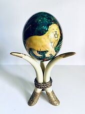 Gorgeous Large 6” Blue Gold Animal Serengeti Porcelain Egg on 8” Faux Horn Stand picture