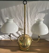 Hanging Vintage Brass Kerosene Or Electric Lamp With Two Milk Glass Globes  picture