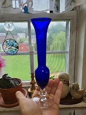 Lovely Cobalt Blue Glass Bud Vase Leaf Etched Delicate 8