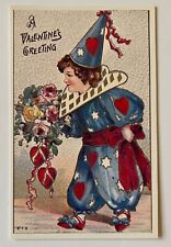 Vintage A Valentiine's Greeting Postcard Boy Harlequin Clown Bouquet Flowers picture