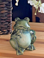 Thinking Frog Clay Figure Green Glazed Big Eyes Sitting Toad Collectible picture
