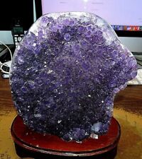 HUGE AMETHYST CRYSTAL CLUSTER  CATHEDRAL GEODE  BRAZIL  WOOD STAND POLISHED picture