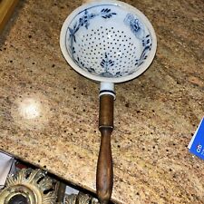 LARGE Antique Blue Onion Porcelain Pierced Strainer Colander w Wood Handle 13.5” picture