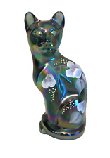 Fenton Stylized Cat Figurine Spruce Green Carnival Glass Wild Rose Hand Painted picture