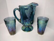 VTG Indiana Blue Harvest Grape PITCHER & 2 Tumblers Iridescent Carnival Glass picture