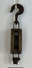 Vintage U-W Antique Farm Equipment Wooden Block Tackle Pully Hook /Great Display picture
