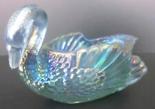 BOYD GLASS IRIDESCENT BLUE CARNIVAL SWAN OPEN SALT CELLAR DISH 3 LINES #S134 picture