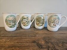 Vintage Currier & Ives Porcelain Four Seasons Mug Set W Gold Trim (Disclaimer) picture