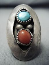OUTSTANDING VINTAGE NAVAJO TURQUOISE CORAL STERLING SILVER SHADOWBOX RING picture