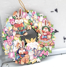 Bunny Easter Family Wreath Rabbit Ornament G.DeBrekht Made USA Birch Wood Spring picture