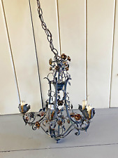 Vintage Italian Wrought Black Iron Tole 5 Arm Chandelier with Gold Roses Antique picture