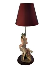 Vintage OK Collection Resin Figural Lamp Burgundy Shade Lady Wheel Barrow 1970s picture