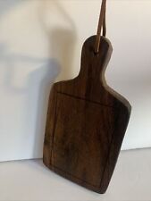 Vtg MCM Walnut Small Cutting Board Leather Tie Hanger Cheese Mini Charcuterie 8” picture