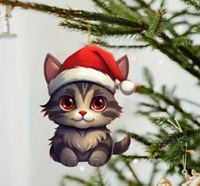 Acrylic 2D Cute Santa Cat In Hat Vintage Style Hanging  Christmas Xmas Ornament  picture