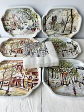 Vtg 6 Elite Tin Snack Canape Trays Paris Scenes Puillery Art Made in England picture