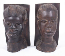 African Ironwood Vtg Pr Hand Carved Tribal FemaleMale Head Bust 8
