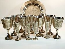 Exquisite Vintage Hand Chased Vintage Goblets, Cordials & Serving Tray c. 1970's picture