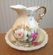 Vintage Lefton China 1873 Hand Painted Pitcher & Plate Set Rose Flowers /Gold 7