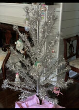 VINTAGE 1950s  5 ft. SILVER ALUMINUM TINSEL CHRISTMAS TREE w/POM POMS picture