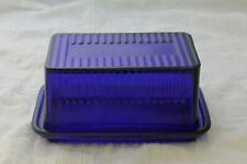 Large Cobalt Blue Glass Butter Dish Embossed Retro Depression Style - FLAW picture
