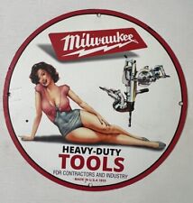 CLASSIC MILWAUKEE HEAVY DUTY TOOLS Pinup Porcelain Enamel Sign. picture