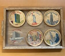 Vintage 1950s New York City Souvenir Wood Coasters and Tray Made in Japan picture