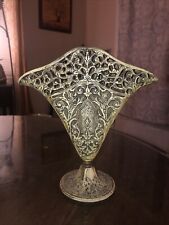 Fan Vase Ornate Victorian Filigree Style Solid Brass Metal With Painted Overlay picture