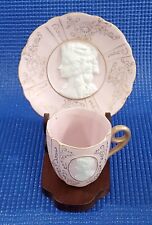 VINTAGE LENWILE CHINA ARDALT CAMEO DEMITASSE PINK CAMEO CUP, SAUCER & STAND picture