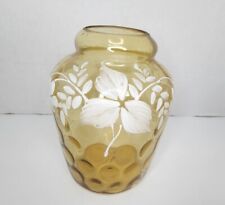 Antique Enameled Art Glass Jar Vase Optical Honeycomb Leaves Amber Yellow picture