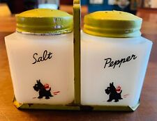 Vintage Milk Glass Scotty Dog Salt & Pepper Shakers with Tray ~ Tipp City OH picture