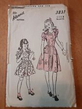 Vtg 1940's Advance Pattern 3831 Girls Size 8 Breast 26 Sweetheart Neckline Dress picture
