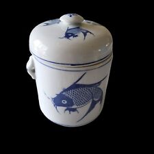 Vintage Blue Koi Fish Ginger Jar Pot Canister with Lid Asian Carp Ceramic 7 in picture