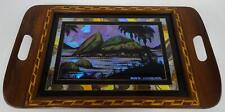 Vintage Brazilian Rio de Janeiro Morpho Butterfly Wing Inlay Wood 2-handle Tray picture