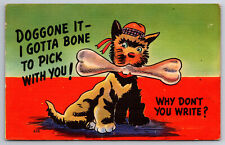 Vintage Postcard Humor Funny Cartoon Dog in Hat with Large Bone Linen ~9789 picture
