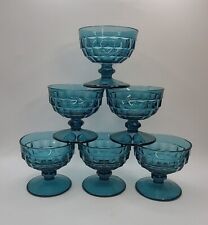 Vtg S/6 Whitehall Indiana Glass Colony Riviera Blue Cubist Footed Sherbert Glass picture