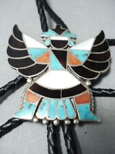 AMAZING VINTAGE ZUNI TURQUOISE CORAL JET STERLING SILVER KNIFEWING BOLO picture