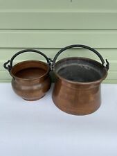 Lot Of 2 Vintage Early 1900s Copper Cauldron Planter Bucket W Cast Iron Handle picture
