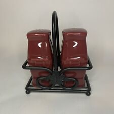LONGABERGER Salt and Pepper Shakers Paprika Red Wrought Iron Holder Vintage picture