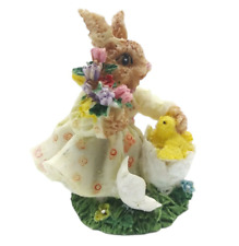 Girl Bunny Rabbit Figurine Holding Flower Bouquet Hatching Chick Resin Easter picture