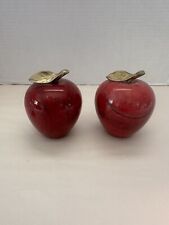 Red Polished Marble Stone Apple With Brass Stem And Leaf Paperweight - Set of 2 picture