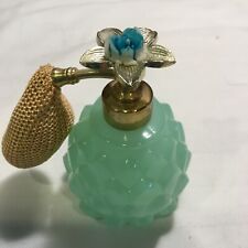 Vintage IRICE? Jadeite Glass Perfume Bottle w/Plastic Blue Orchid Top and bulb picture