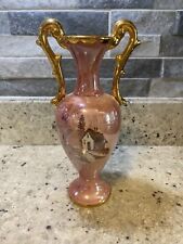 Vintage 9”  Pink Porcelain 2 Handled Vase * Has A Repair See Photos picture