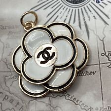 CHANEL Zipper Pull Button White Black Gold Tone Camellia Flower Charm 30mm Stamp picture