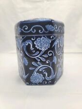 Blue & White Urn Canister Ceramic with Lid Air Tight Ring Six Sided 6.5 Inches picture