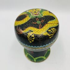 Old Chinese Cloisonné 5 Toe Yellow Dragon Trinket Snuff Box On Footed Pedestal picture